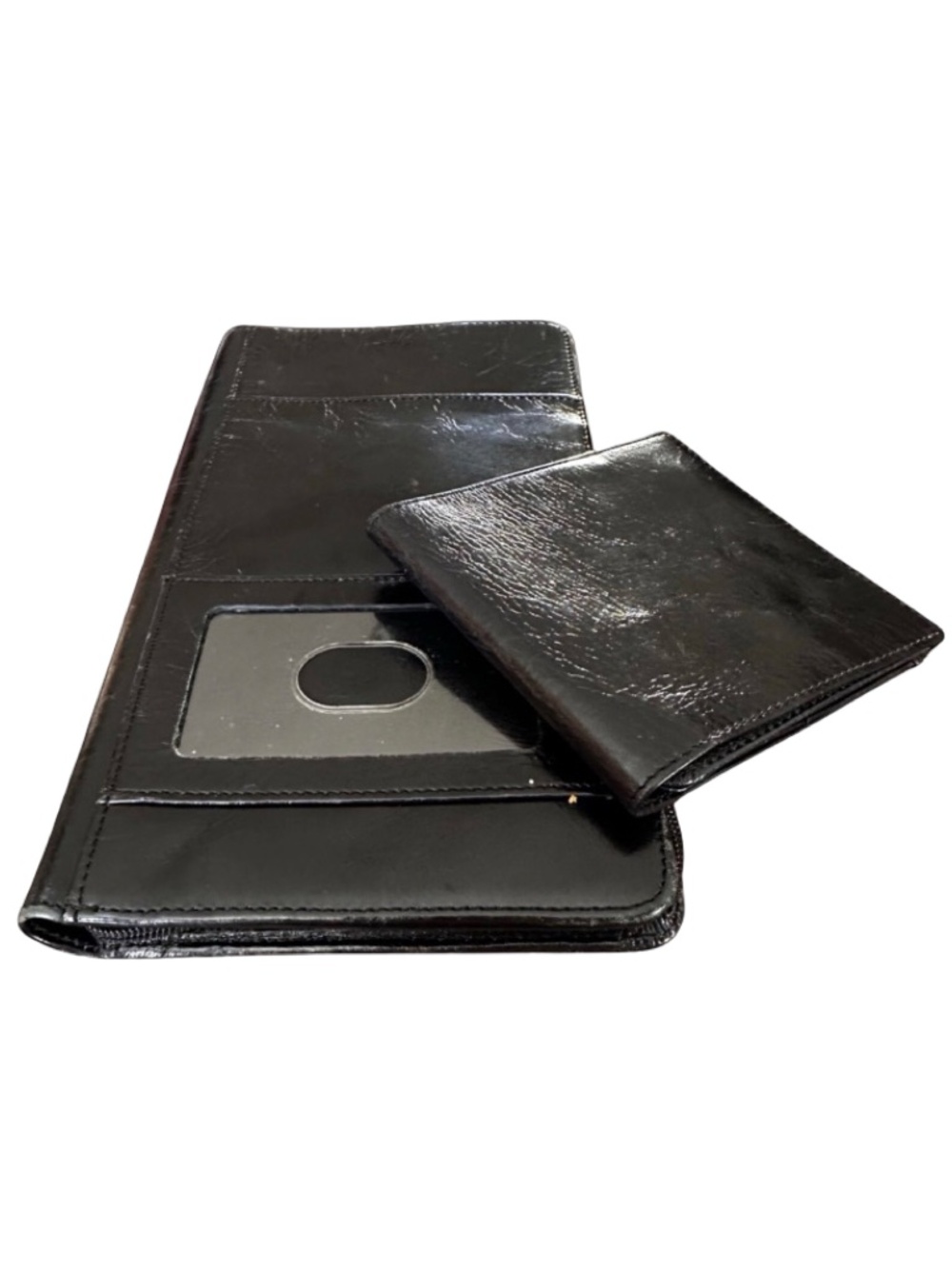 Kate Landry Vintage Black Genuine Leather Travel Passport Wallet Set 2 Piece